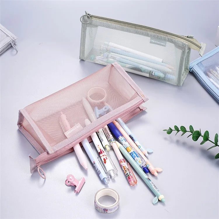 D002 Zipper Pencil Case Clear Mesh Pencil Pouch Stationery Cosmetic Nylon Storage Bag