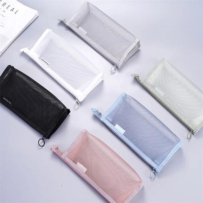 D002 Zipper Pencil Case Clear Mesh Pencil Pouch Stationery Cosmetic Nylon Storage Bag