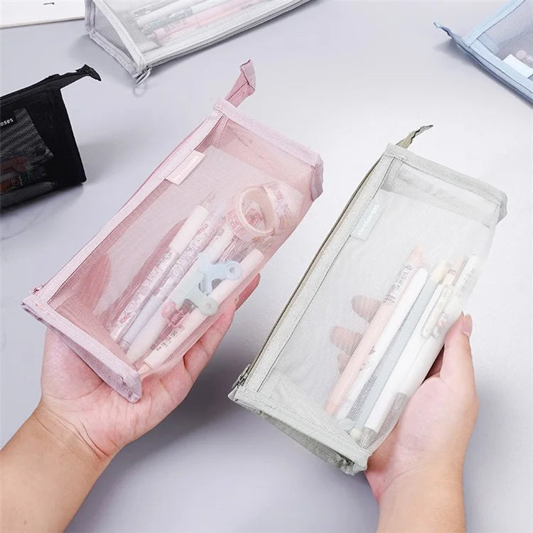 D002 Zipper Pencil Case Clear Mesh Pencil Pouch Stationery Cosmetic Nylon Storage Bag