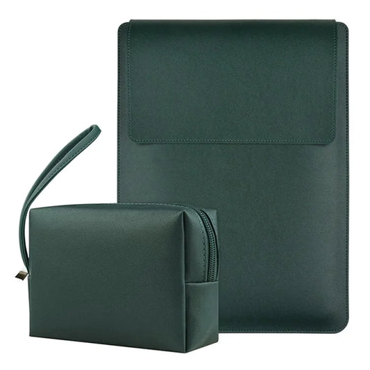 13" Anti-scratch PU Leather Laptop Bag with Adjustable Stand + Small Bagish Green