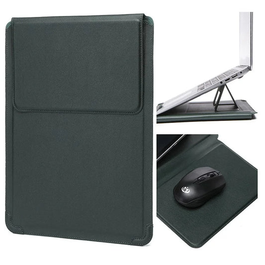 15-16 inch Laptop Sleeve Case PU Leather Ultra Thin Carrying Bag with Folding Standish Green
