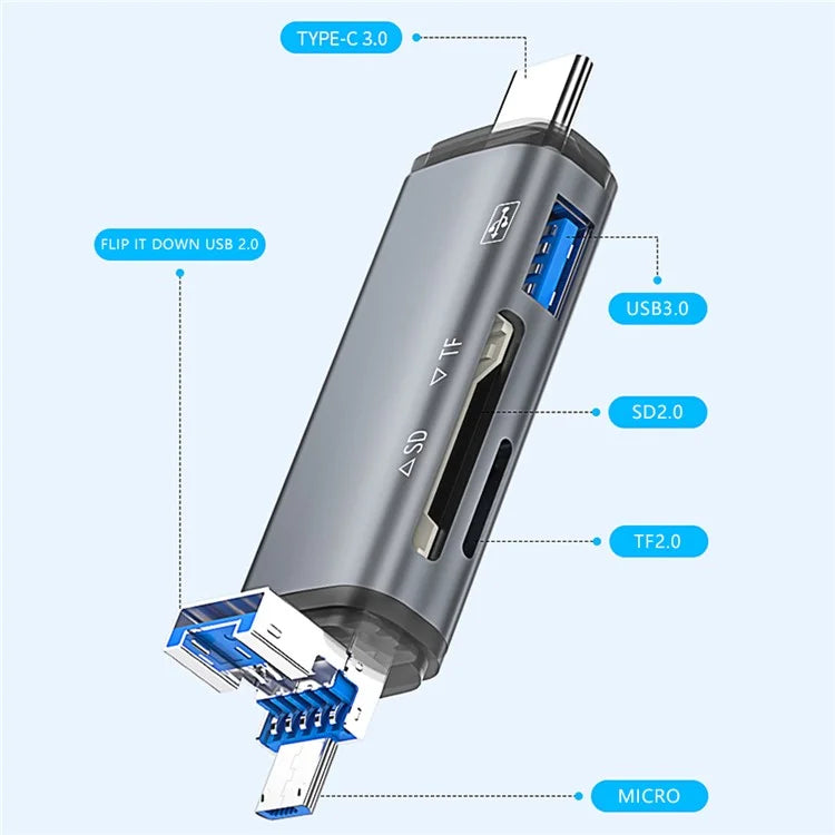 ADS-307 USB / Type-C / Micro Plug SD TF Card U-Disk Reader Data Transfer OTG Adapter