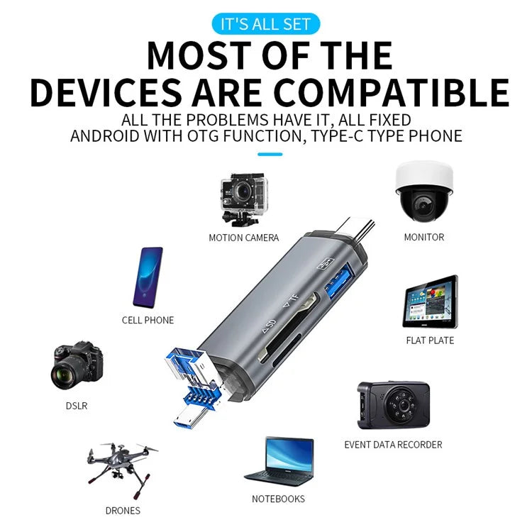 ADS-307 USB / Type-C / Micro Plug SD TF Card U-Disk Reader Data Transfer OTG Adapter
