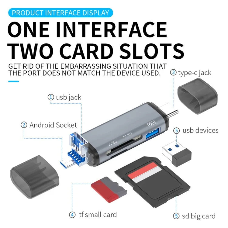 ADS-307 USB / Type-C / Micro Plug SD TF Card U-Disk Reader Data Transfer OTG Adapter