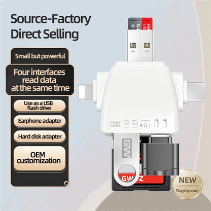 USB / 8-Pin / Type-C Plug Card Reader USB+SD+TF+USB-C Memory Card U-Disk Hard Disk Adapter