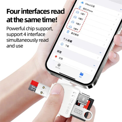 USB / 8-Pin / Type-C Plug Card Reader USB+SD+TF+USB-C Memory Card U-Disk Hard Disk Adapter