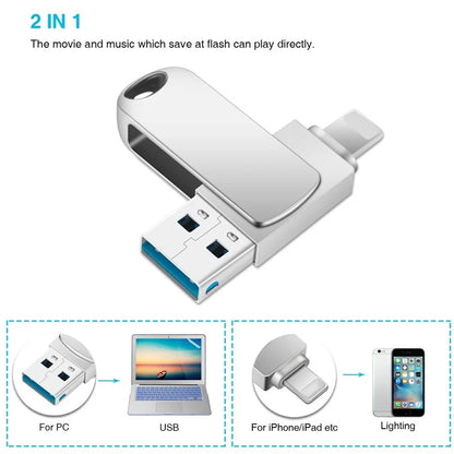 2 in 1 Card Reader 64GB OTG USB Flash Drive with 8Pin + USB 3.0 Port U Disk for iPhone Computer PC