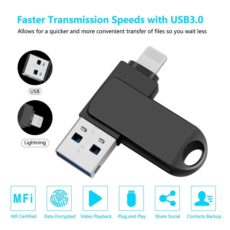 2 in 1 Card Reader 64GB OTG USB Flash Drive with 8Pin + USB 3.0 Port U Disk for iPhone Computer PC