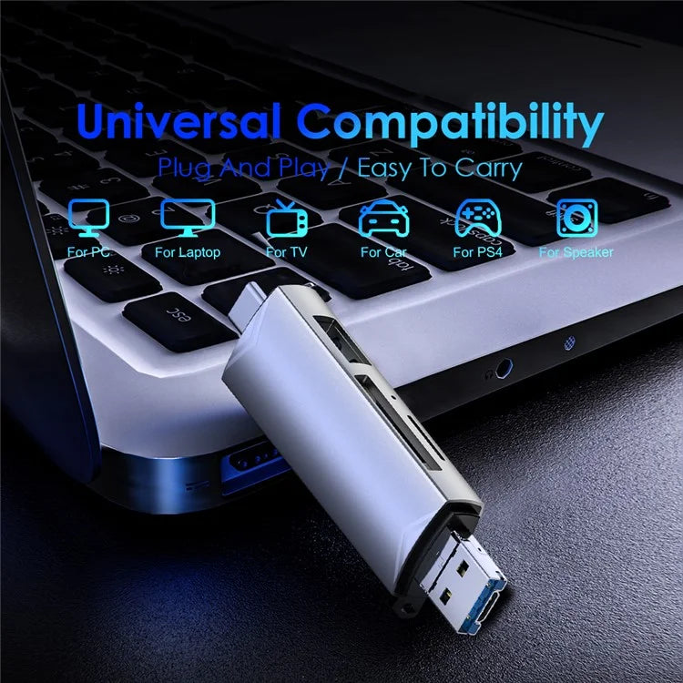 MICRODRIVE 6-in-1 Aluminum Alloy Card Reader with USB2.0 / Type-C Plug ...