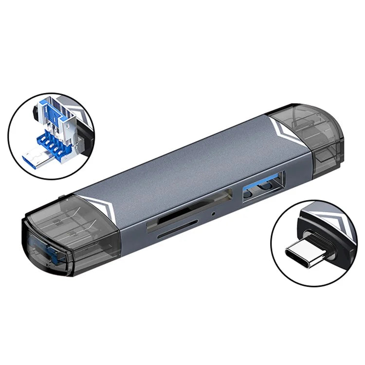 MICRODRIVE 6-in-1 Aluminum Alloy Card Reader with USB2.0 / Type-C Plug ...