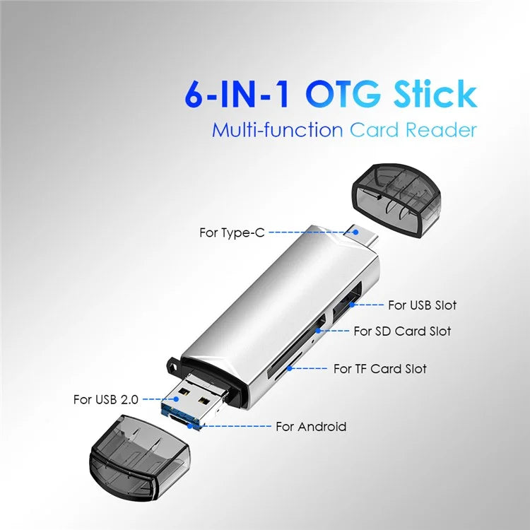 MICRODRIVE 6-in-1 Aluminum Alloy Card Reader with USB2.0 / Type-C Plug ...