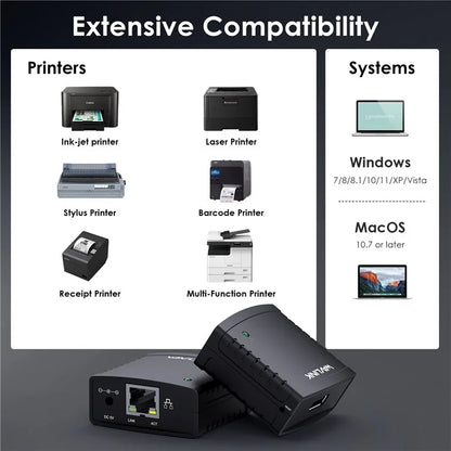 WAVLINK NU72P11 USB 2.0 Ethernet Network Printer Power Adapter 100Mbps Network Print Server