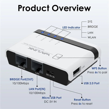 WAVLINK NU516U1 Wireless USB Print Server with 10 / 100Mbps LAN / Bridge WiFi USB2.0 Wireless Printer Server