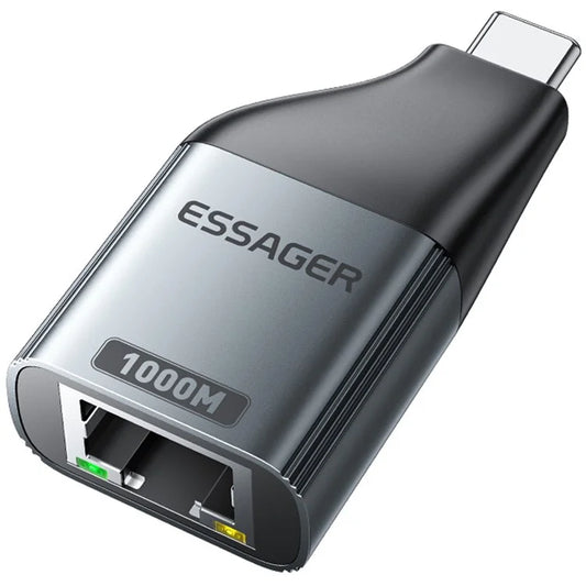 ESSAGER EZJRJ-MJ0G-P Type-C to RJ45 100Mbps Network Connector Aluminum Alloy Ethernet LAN Adapter
