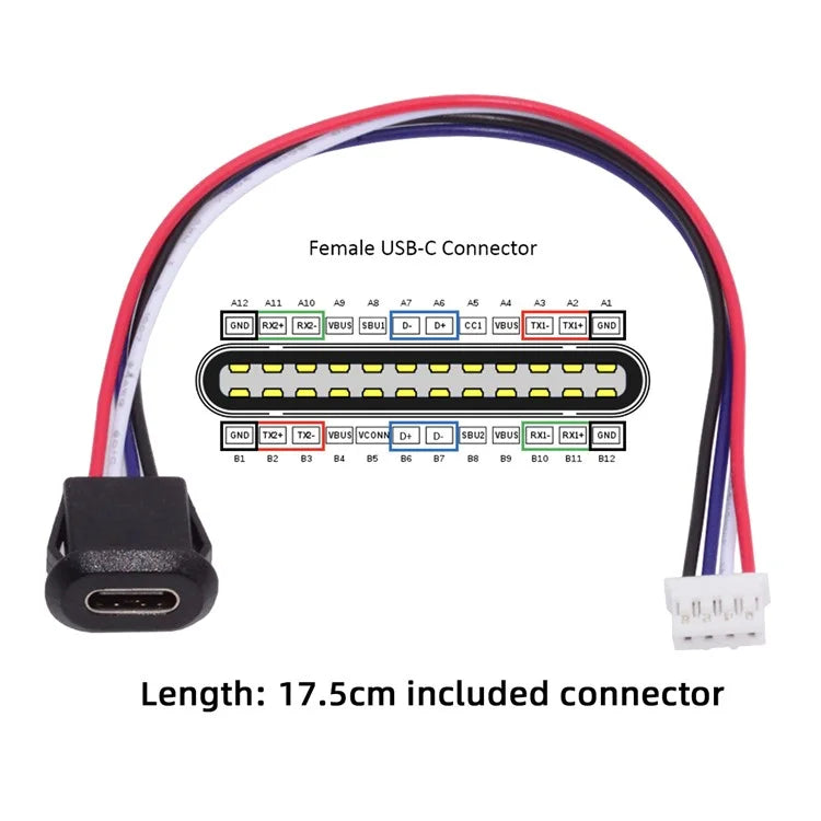 CN-025-4P 5Pcs / Set DIY OEM Type C Female Socket to 4 Pin Header Cable Pitch 2.0mm Latch Mount Type DC 5V / 20V PD Power