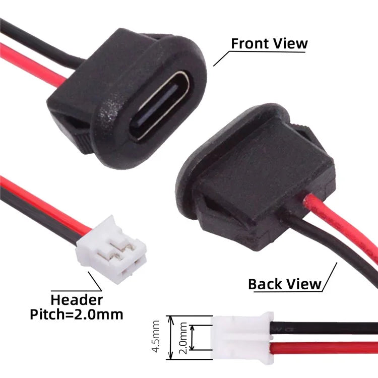 CN-025-2P 5Pcs / Set DIY OEM Type C Female Socket to 2 Pin Header Cable Pitch 2.0mm Latch Mount Type DC 5V / 20V PD Power