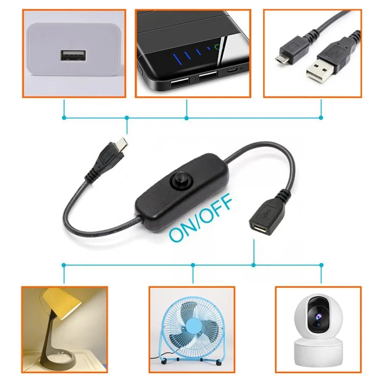 PW-012-MM Micro USB2.0 Cable with On / Off Power Switch Button Micro 5 Pin Male to Female for DC 5V Desk Lamp Fan Camera