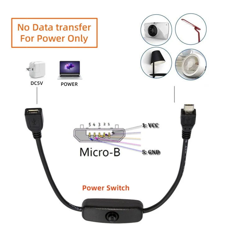 PW-012-MM Micro USB2.0 Cable with On / Off Power Switch Button Micro 5 Pin Male to Female for DC 5V Desk Lamp Fan Camera