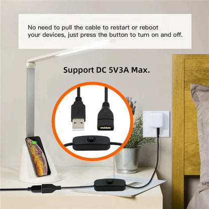 PW-012-AM USB2.0 Cable with On Off Power Switch Button USB Type-A Male to Female for DC 5V Desk Lamp Fan Camera