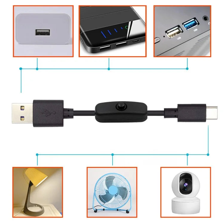 PW-015-TC 1m Type-C Male to USB-A Male USB2.0 Cable with On / Off Power Switch Button for DC5V Desk Lamp Fan Camera