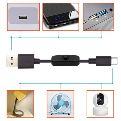 PW-015-TC 1m Type-C Male to USB-A Male USB2.0 Cable with On / Off Power Switch Button for DC5V Desk Lamp Fan Camera
