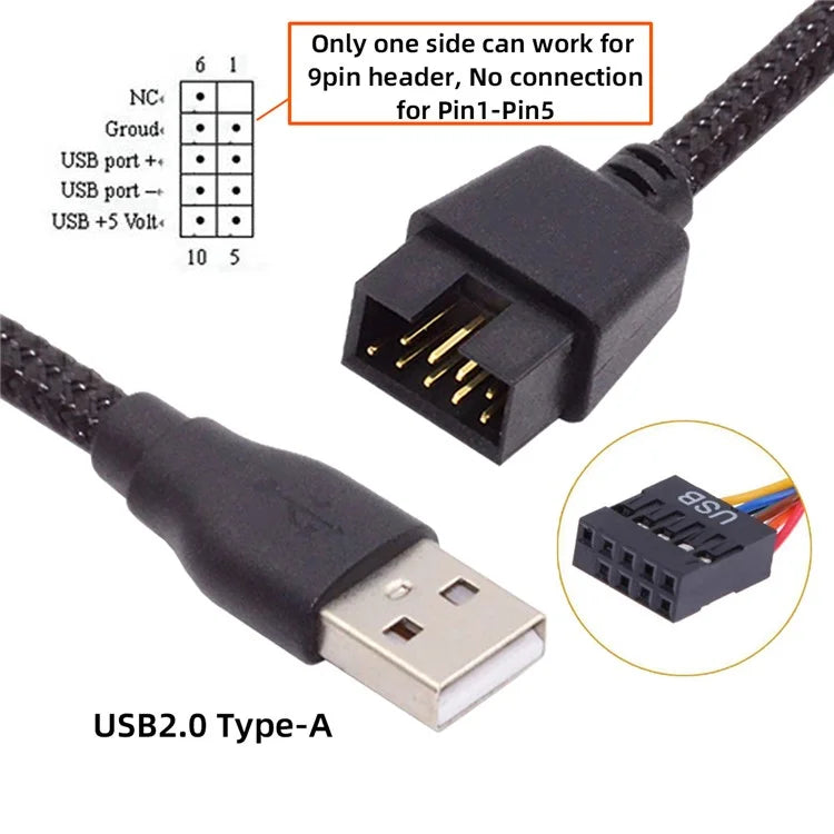 U2-076 Single USB 2.0 Male Type-A to Motherboard 9Pin 10Pin Male Header Cable with Sleeve 20cm