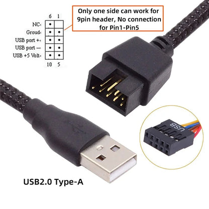 U2-076 Single USB 2.0 Male Type-A to Motherboard 9Pin 10Pin Male Header Cable with Sleeve 20cm