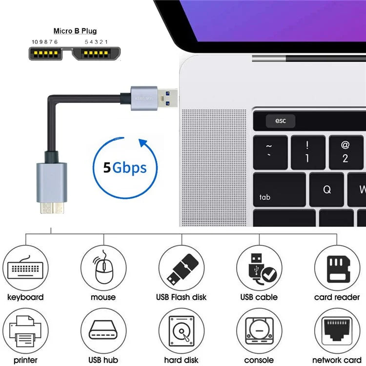 U3-075-MM 0.3m USB 3.0 Male to Micro 3.0 B Male Cable 5Gbps Data Transfer Converter for Disk SSD (Silver Shell)