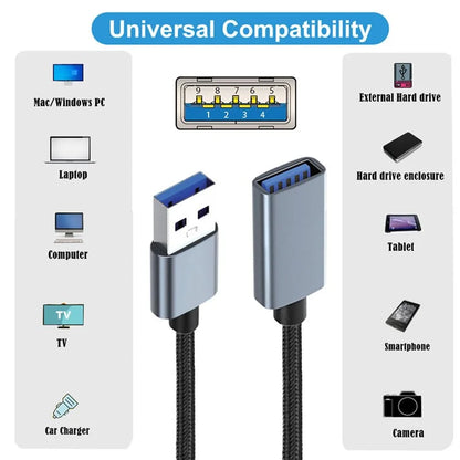 U3-075-AF 0.3m USB 3.0 Male to USB 3.0 Female Extension Cord 5Gbps Disk SSD Camera Data Cable (Silver Shell)