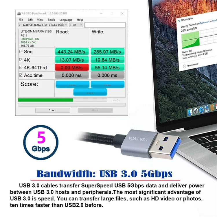 U3-075-BM 0.3m USB 3.0 Type-A Male to Standard 3.0 B Male Cable Silver Shell 5Gbps Data Transmission Adapter