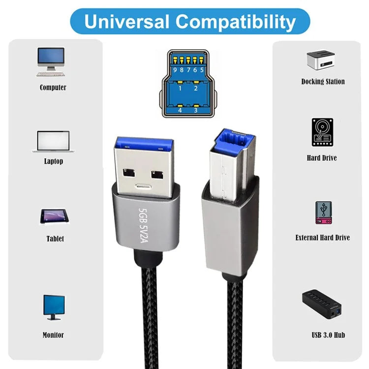 U3-075-BM 0.3m USB 3.0 Type-A Male to Standard 3.0 B Male Cable Silver Shell 5Gbps Data Transmission Adapter