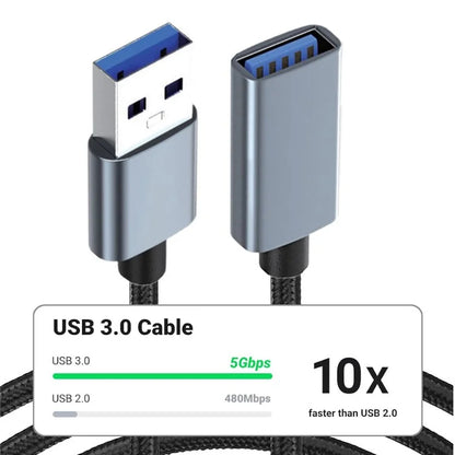 JUNSUNMAY 3m USB 3.0 Male to Female 2A Charging Data Cable 5Gbps Nylon Braided Extension Cord