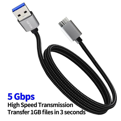 JUNSUNMAY 3m USB-A 3.0 Male to Micro-B Male Hard Drive Camera Data Cable Nylon Braided Cord