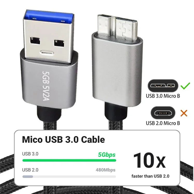 JUNSUNMAY 1m USB-A 3.0 Male to Micro-B Male Nylon Data Transfer Cable for Hard Drive Camera