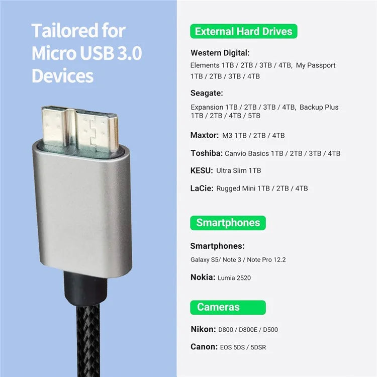 JUNSUNMAY 1m USB-A 3.0 Male to Micro-B Male Nylon Data Transfer Cable for Hard Drive Camera