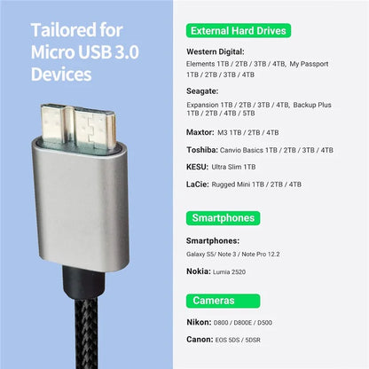 JUNSUNMAY 1m USB-A 3.0 Male to Micro-B Male Nylon Data Transfer Cable for Hard Drive Camera