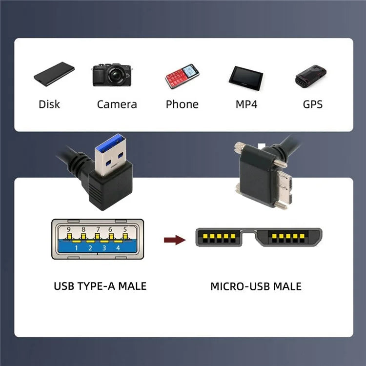 U3-078-DN 90 Degree Down Angled USB 3.0 A Male to Micro-B 3.0 Plug Angled Locking Screw Panel Cable 25cm