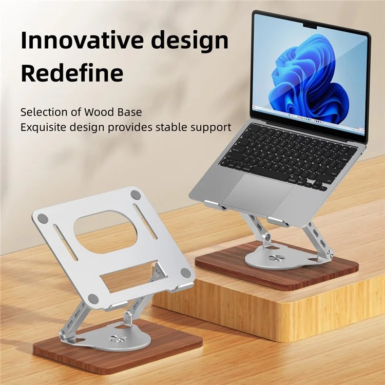 D082W Wood Base Aluminum Alloy Laptop Tablet Holder Heat Dissipation Rotatable Notebook Stand