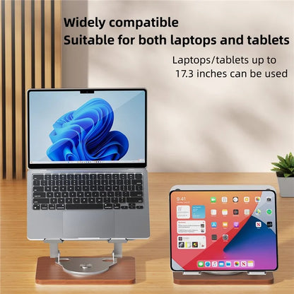 D082W Wood Base Aluminum Alloy Laptop Tablet Holder Heat Dissipation Rotatable Notebook Stand