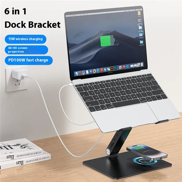 C5Q 15W Wireless Charging Laptop Riser Folding Bracket with 6-in-1 Hub Docking Station