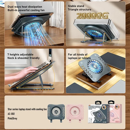 AZEADA AZ-X02 Folding Notebook Cooling Pad 7 Height Adjustable Laptop Tablets Stand with Cooling Fan