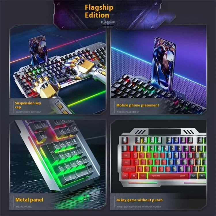 INPHIC K2 104-Key Wired Gaming Keyboard Metal Panel Mechanical Keyboard with 7 Color Backlit