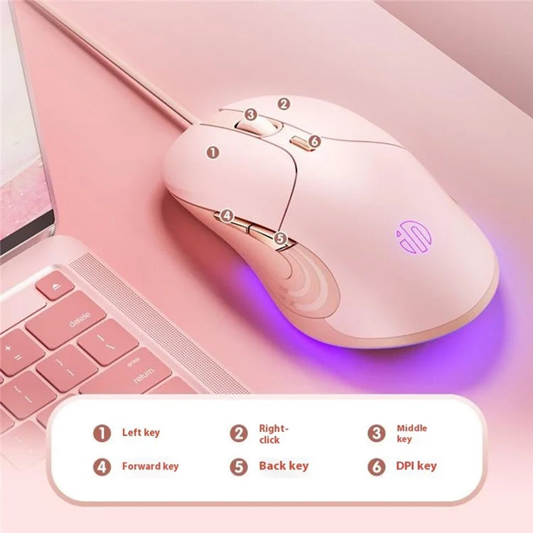 INPHIC B8 USB Wired Mouse for Girls Women 7200DPI 6 Key Mute Gaming Mouse for Laptop PC - Pink