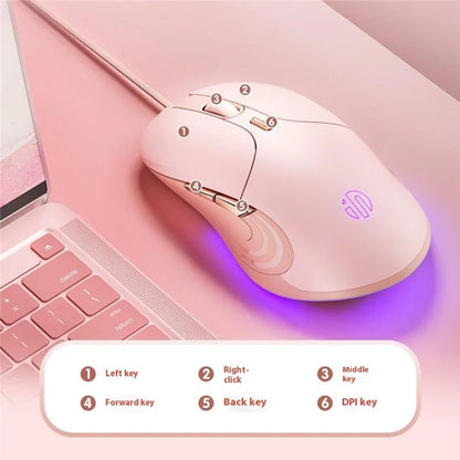 INPHIC B8 USB Wired Mouse for Girls Women 7200DPI 6 Key Mute Gaming Mouse for Laptop PC - Pink