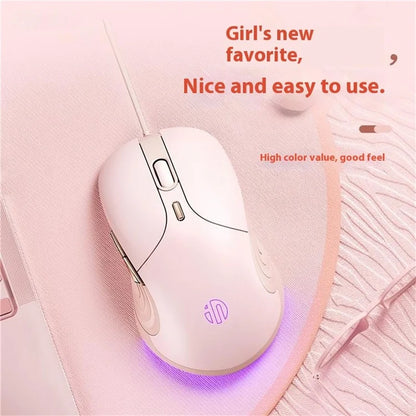 INPHIC B8 USB Wired Mouse for Girls Women 7200DPI 6 Key Mute Gaming Mouse for Laptop PC - Pink
