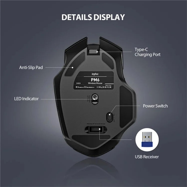 INPHIC F1 Wireless Mouse 1600DPI 6 Keys Type-C Rechargeable Mute Gaming Mouse for Home Office