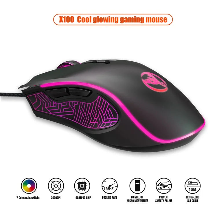 HXSJ X100 USB Wired Gaming Mouse 3600DPI Colorful Light Computer Laptop Mice