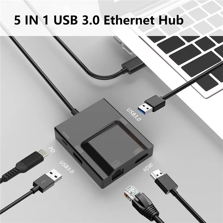 NK-3057HDMI USB-C Hub Adapter to 2xUSB 3.0+HD+Type-C+RJ45 Converter for Laptop