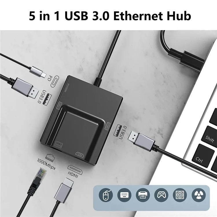 NK-3057HDMI USB-C Hub Adapter to 2xUSB 3.0+HD+Type-C+RJ45 Converter for Laptop
