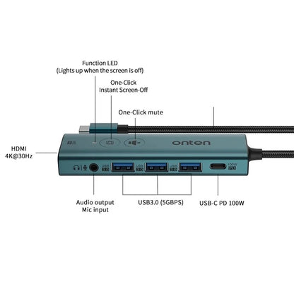 ONTEN UC123+ 15cm Cable Type-C to HD+3xUSB3.0+USB-C+3.5mm Ports USB Hub Adapter with Buttons